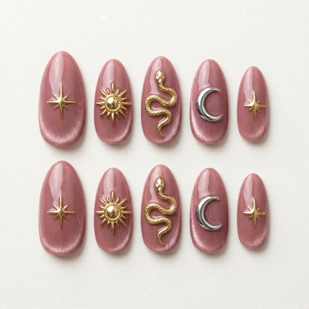 mauve gold silver 3d cat eye almond press on nails celestial snake mockup 01