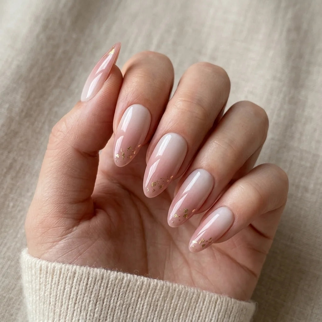 mauve nude almond press on nails gold foil flat lay 01