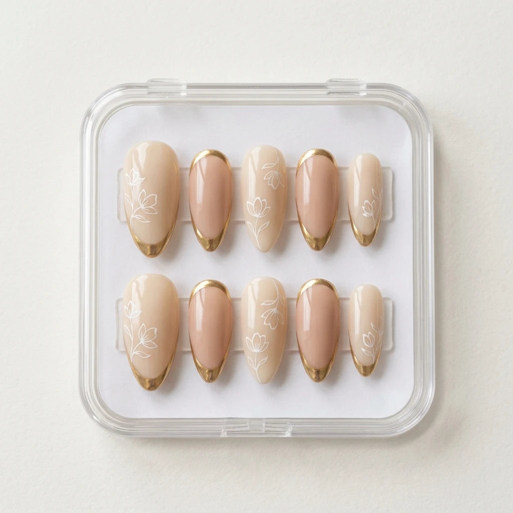 mauve nude gold chrome french tip almond press on nails white floral detail 01