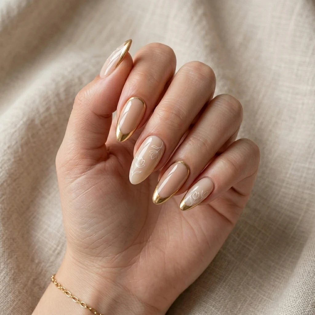 mauve nude gold chrome french tip almond press on nails white floral detail 02