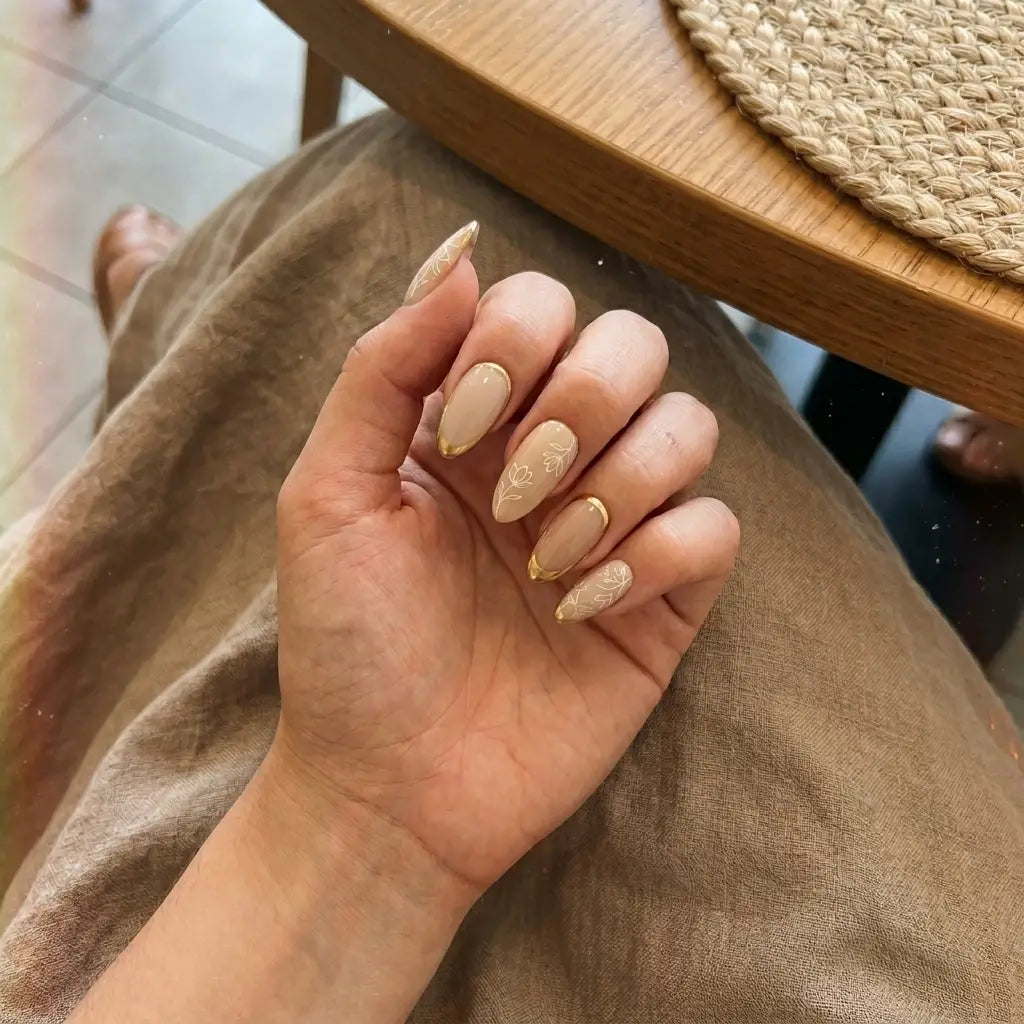 mauve nude gold chrome french tip almond press on nails white floral lifestyle 01