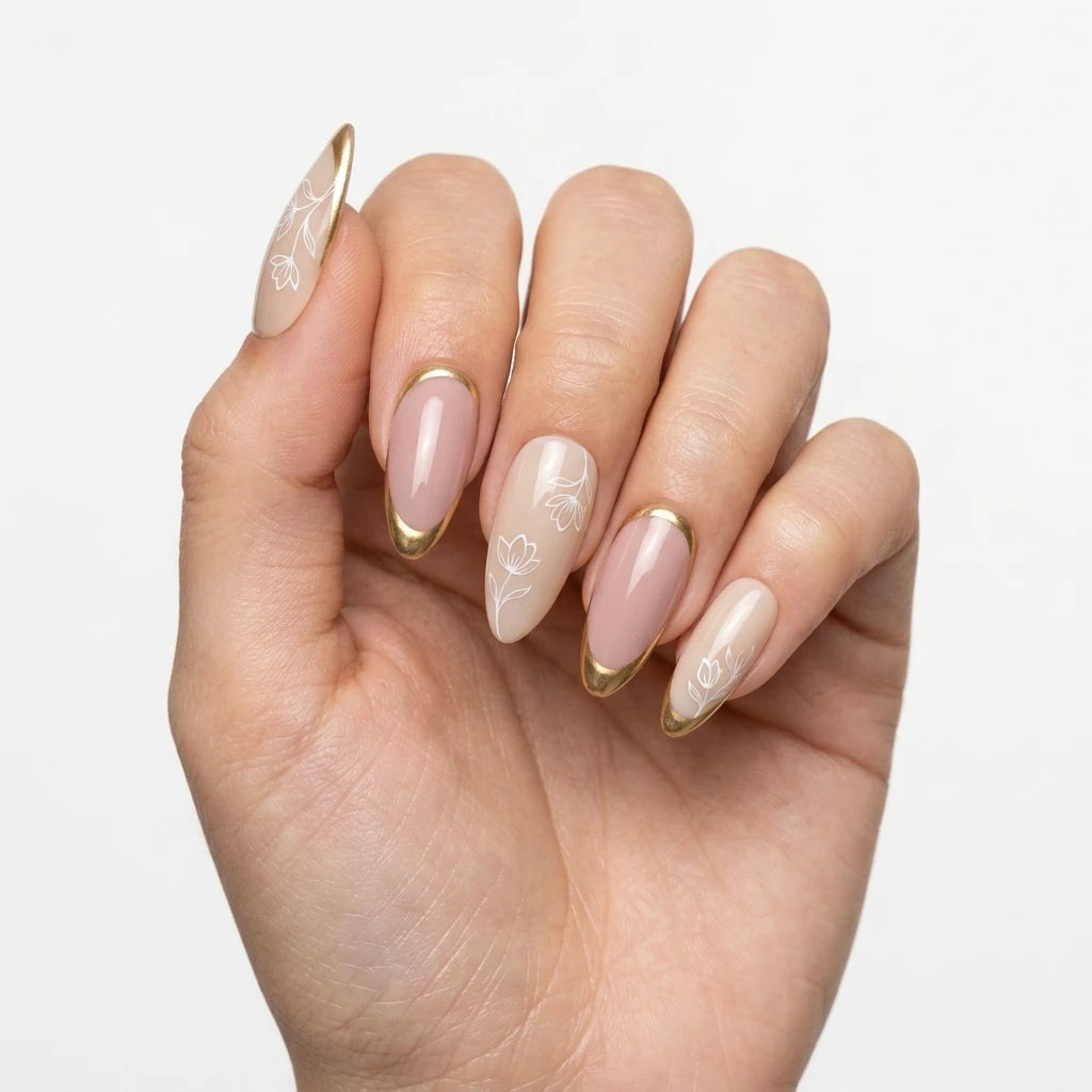 mauve nude gold chrome french tip almond press on nails white floral mockup 01