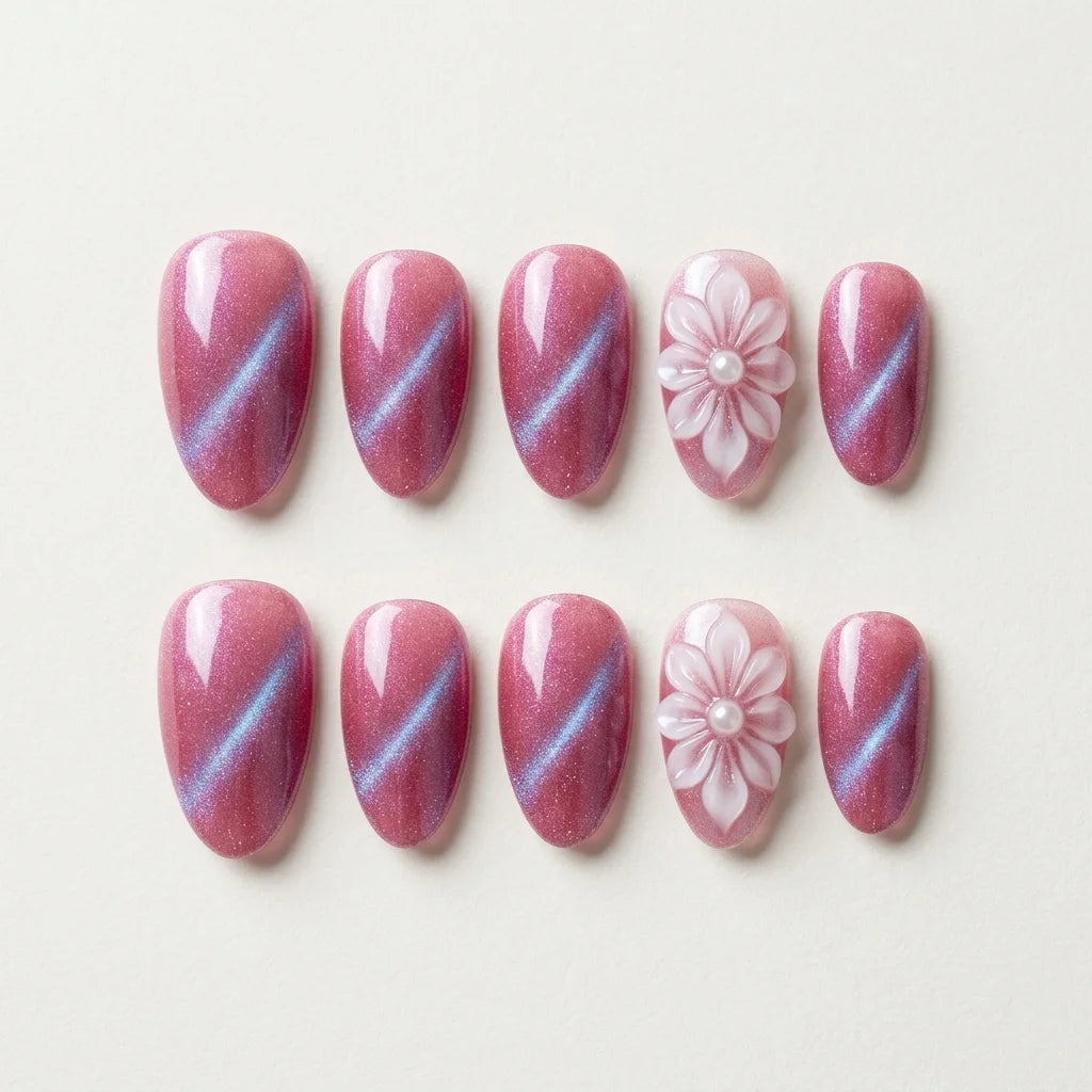 mauve pink 3d cat eye almond press on nails flower pearl flat lay 04