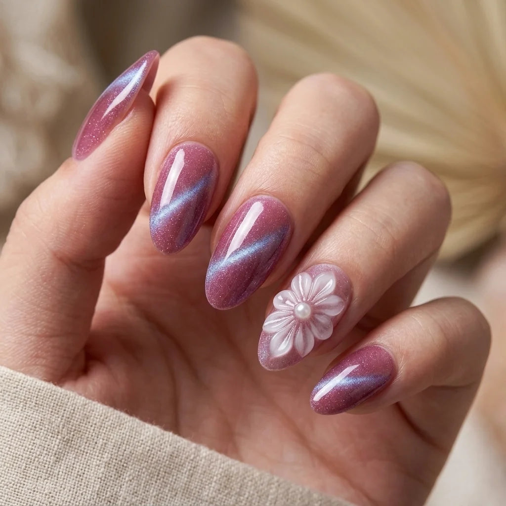 mauve pink 3d cat eye almond press on nails flower pearl lifestyle 02