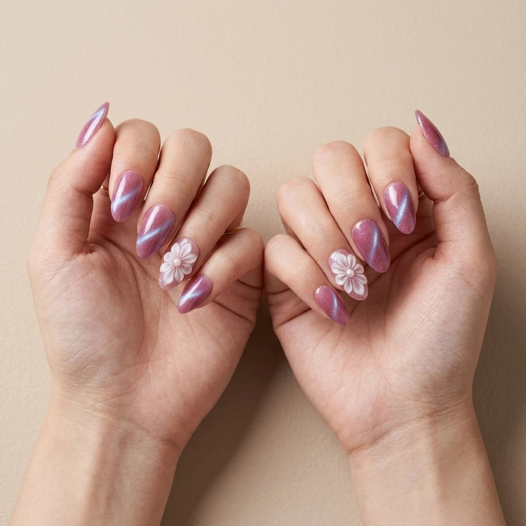 mauve pink 3d cat eye almond press on nails flower pearl lifestyle 03