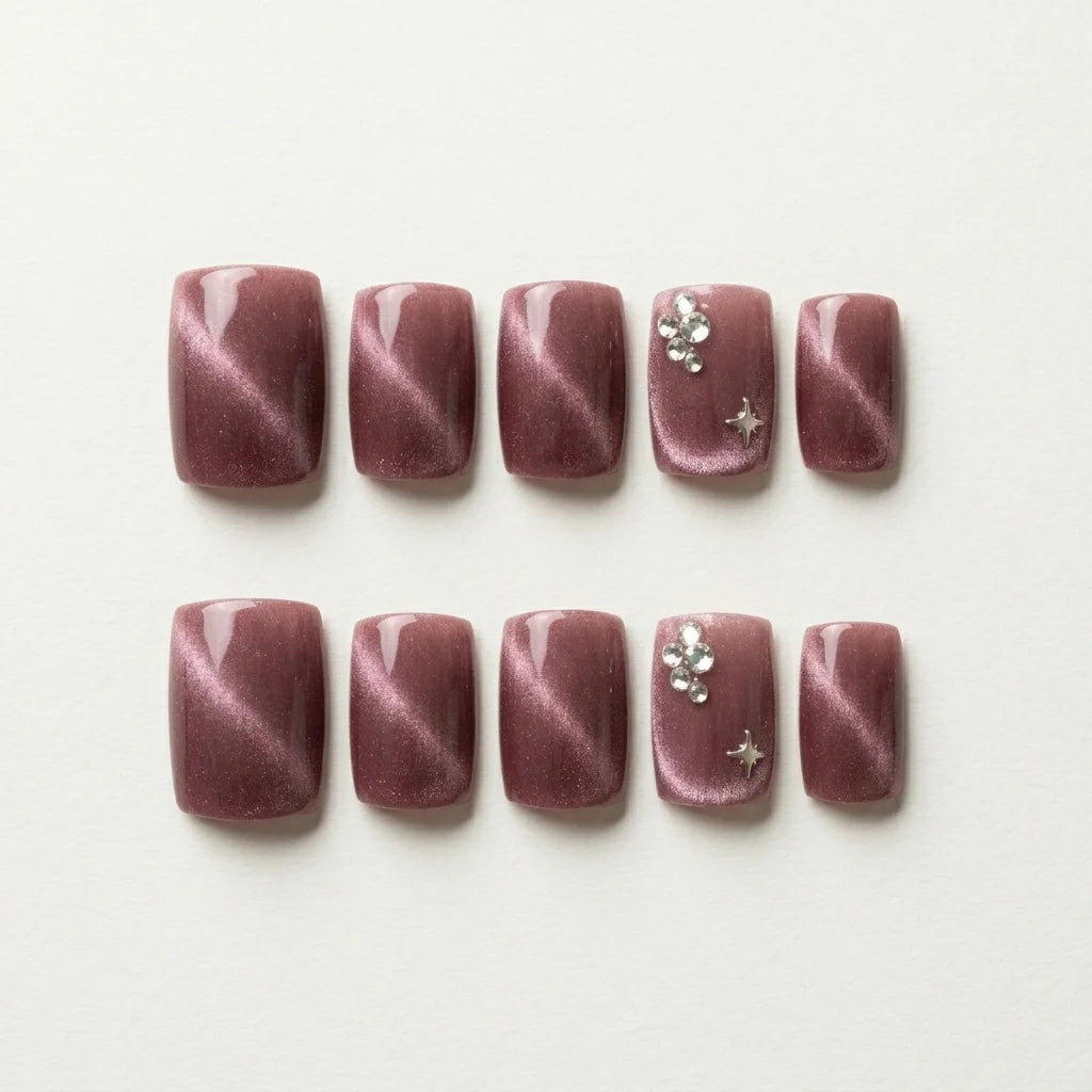 mauve pink cat eye square short press on nails rhinestone star lifestyle 02