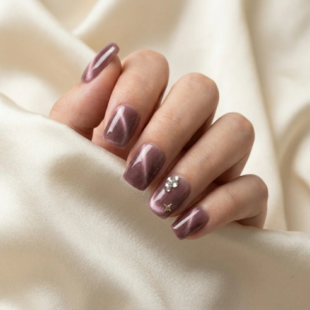 mauve pink cat eye square short press on nails rhinestone star mockup 01