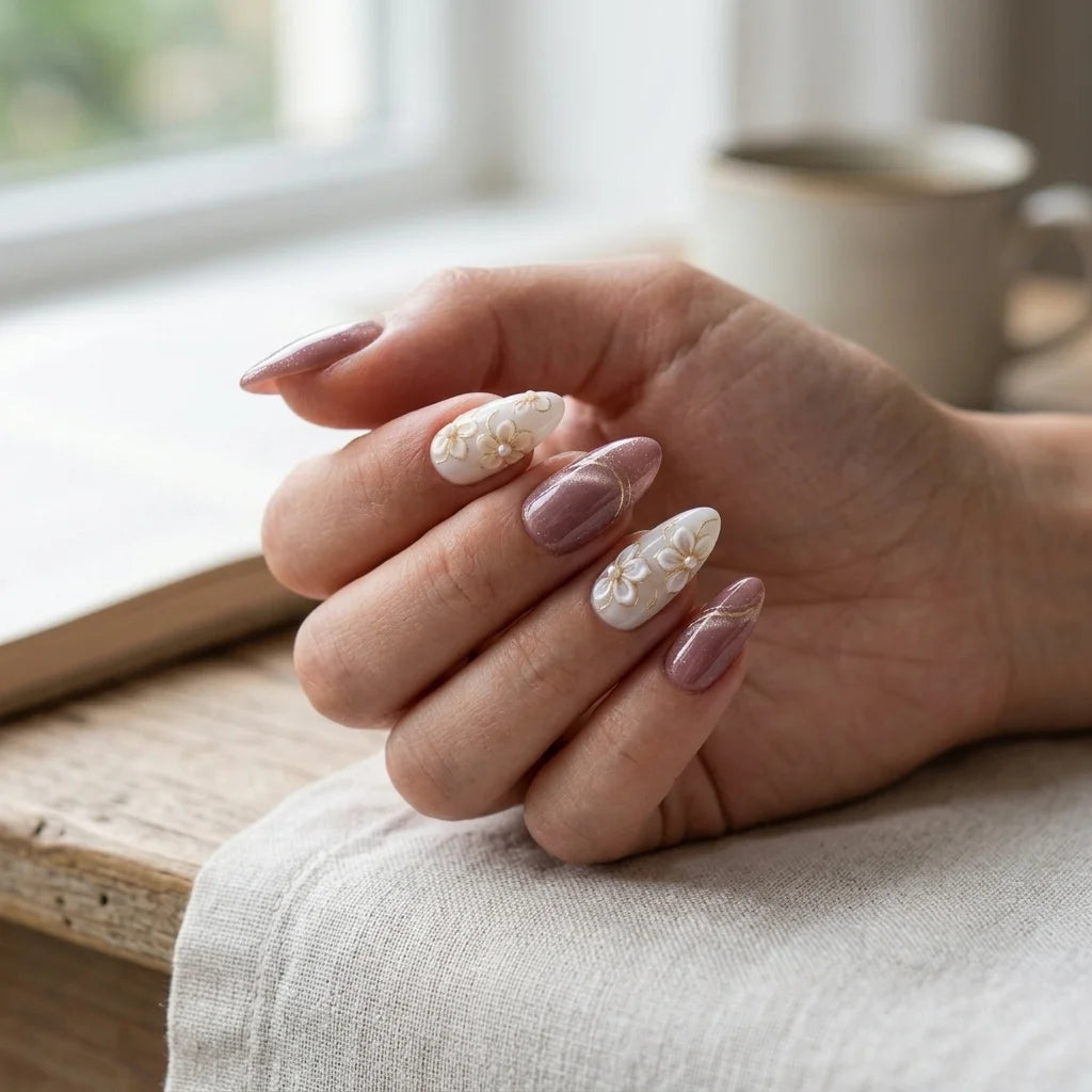 mauve pink milky white 3d cat eye almond press on nails flower glitter detail 03