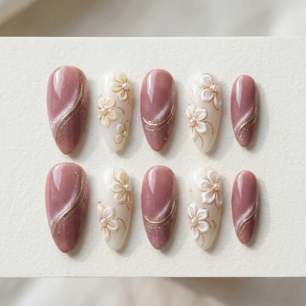 mauve pink milky white 3d cat eye almond press on nails flower glitter flat lay 04