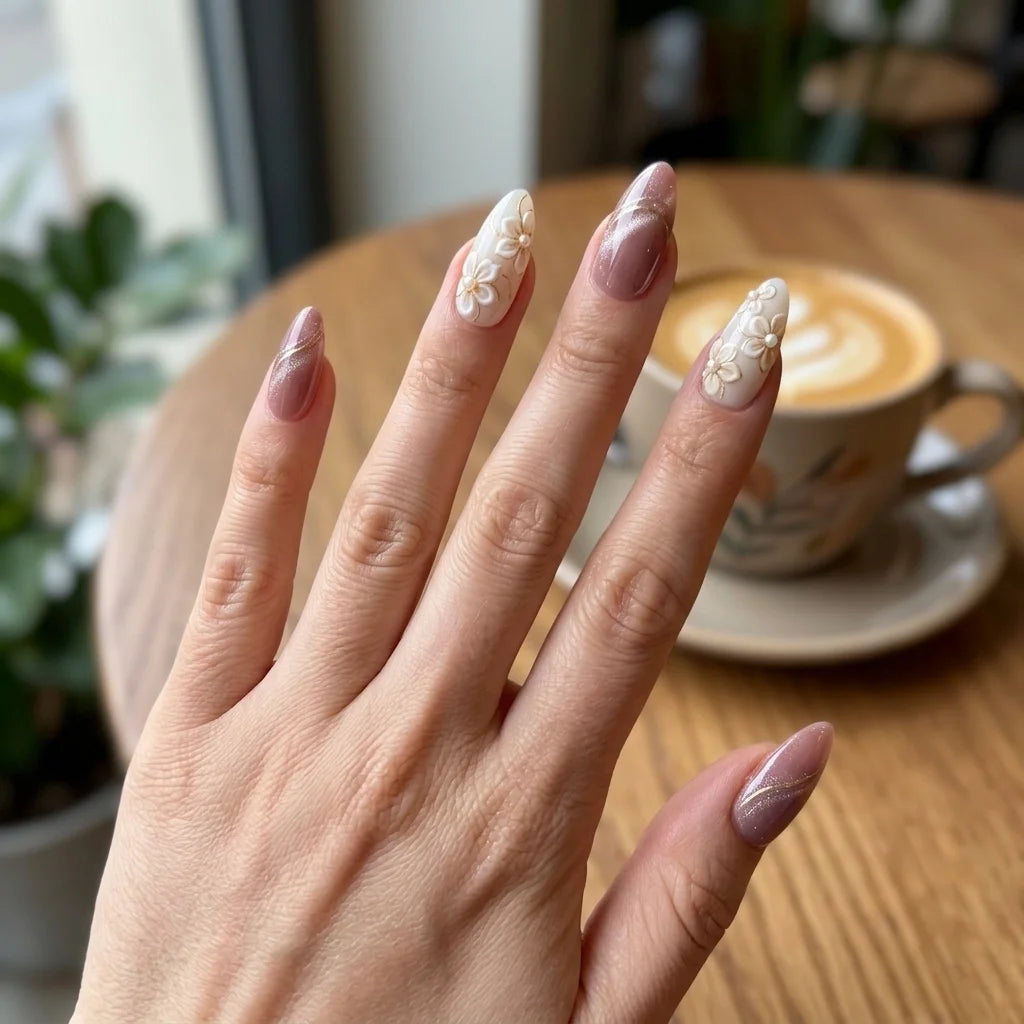 mauve pink milky white 3d cat eye almond press on nails flower glitter lifestyle 02