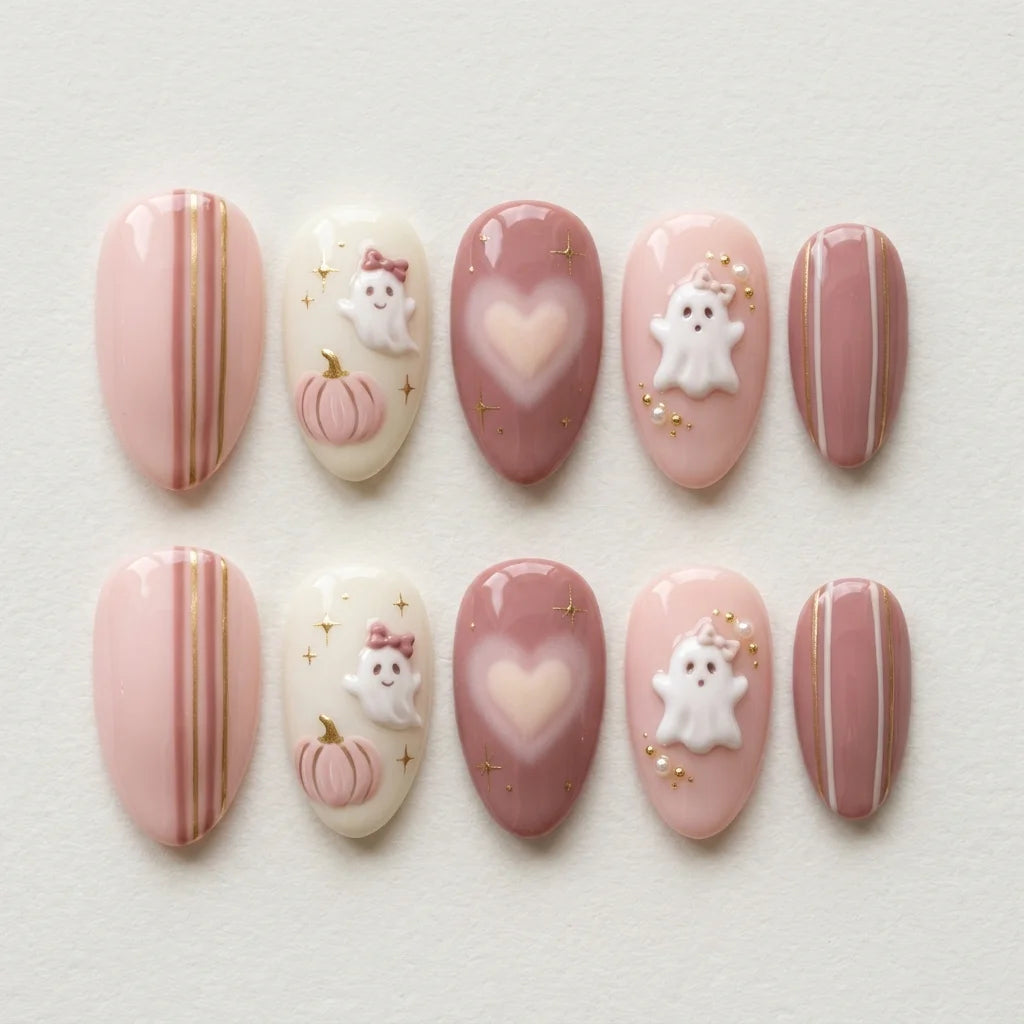 mauve pink white 3d airbrush halloween almond press on nails ghost pumpkin heart flat lay 04