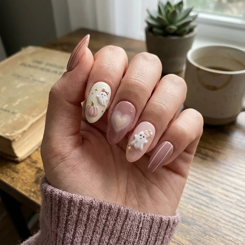 mauve pink white 3d airbrush halloween almond press on nails ghost pumpkin heart lifestyle 02