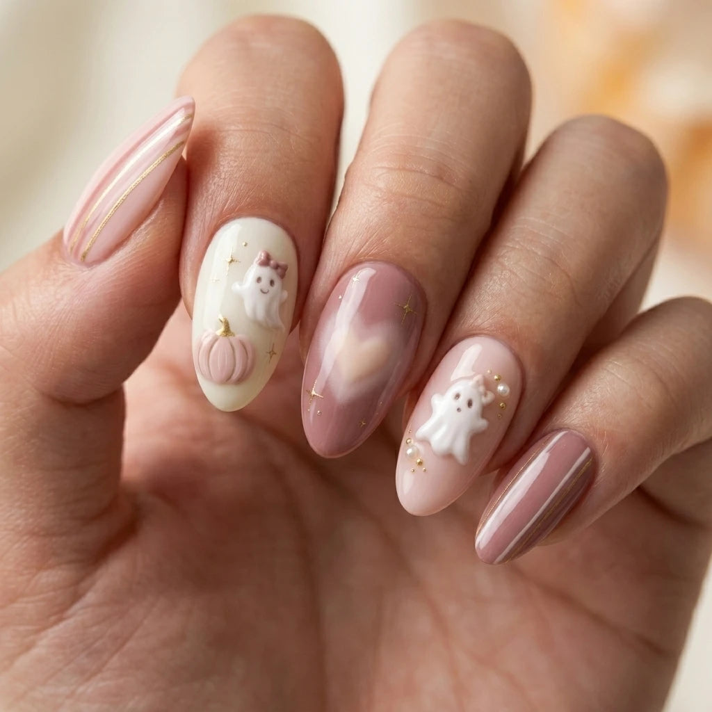mauve pink white 3d airbrush halloween almond press on nails ghost pumpkin heart lifestyle 03