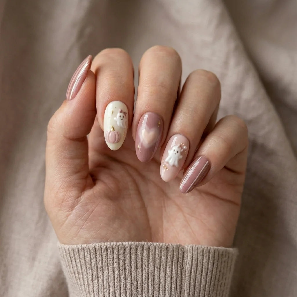 mauve pink white 3d airbrush halloween almond press on nails ghost pumpkin heart mockup 01