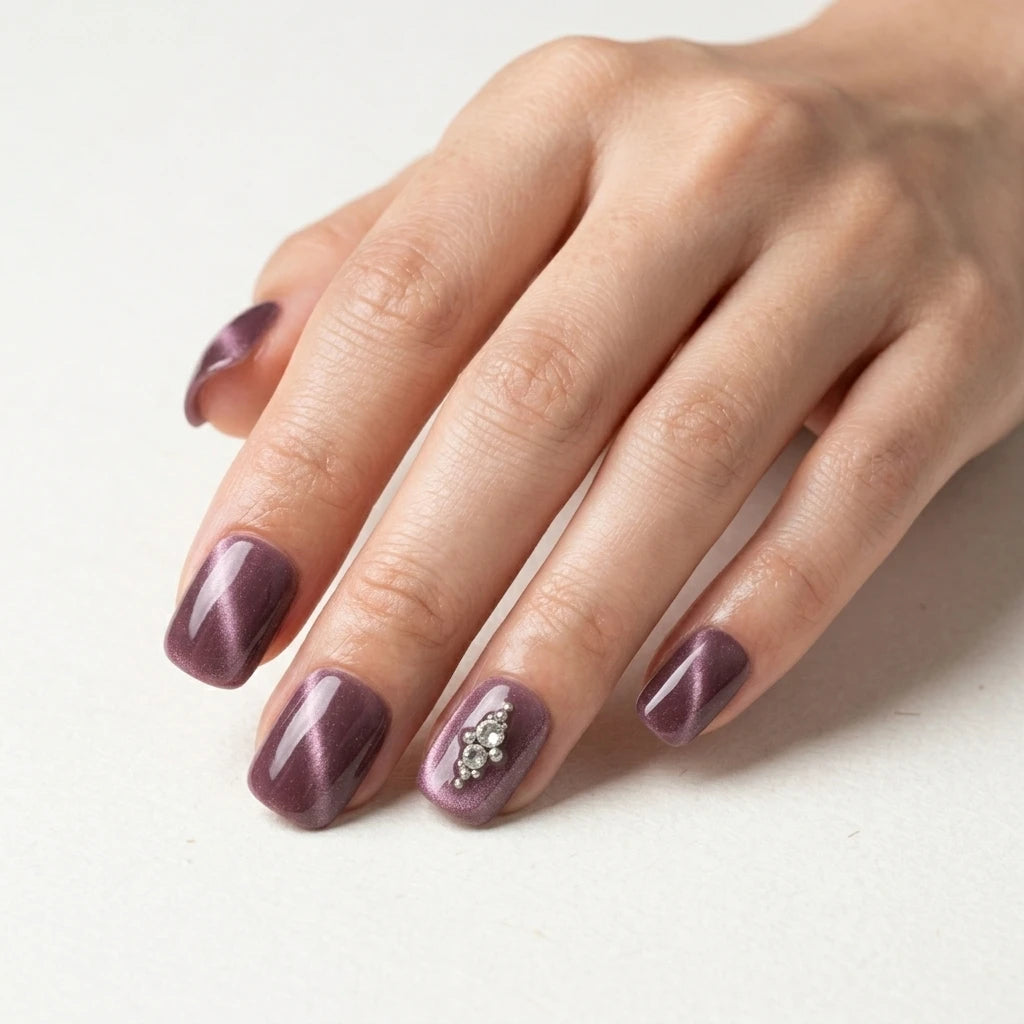 mauve plum cat eye square short press on nails rhinestone star flat lay 04