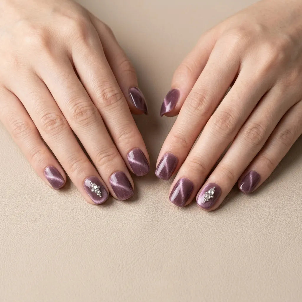 mauve plum cat eye square short press on nails rhinestone star lifestyle 02