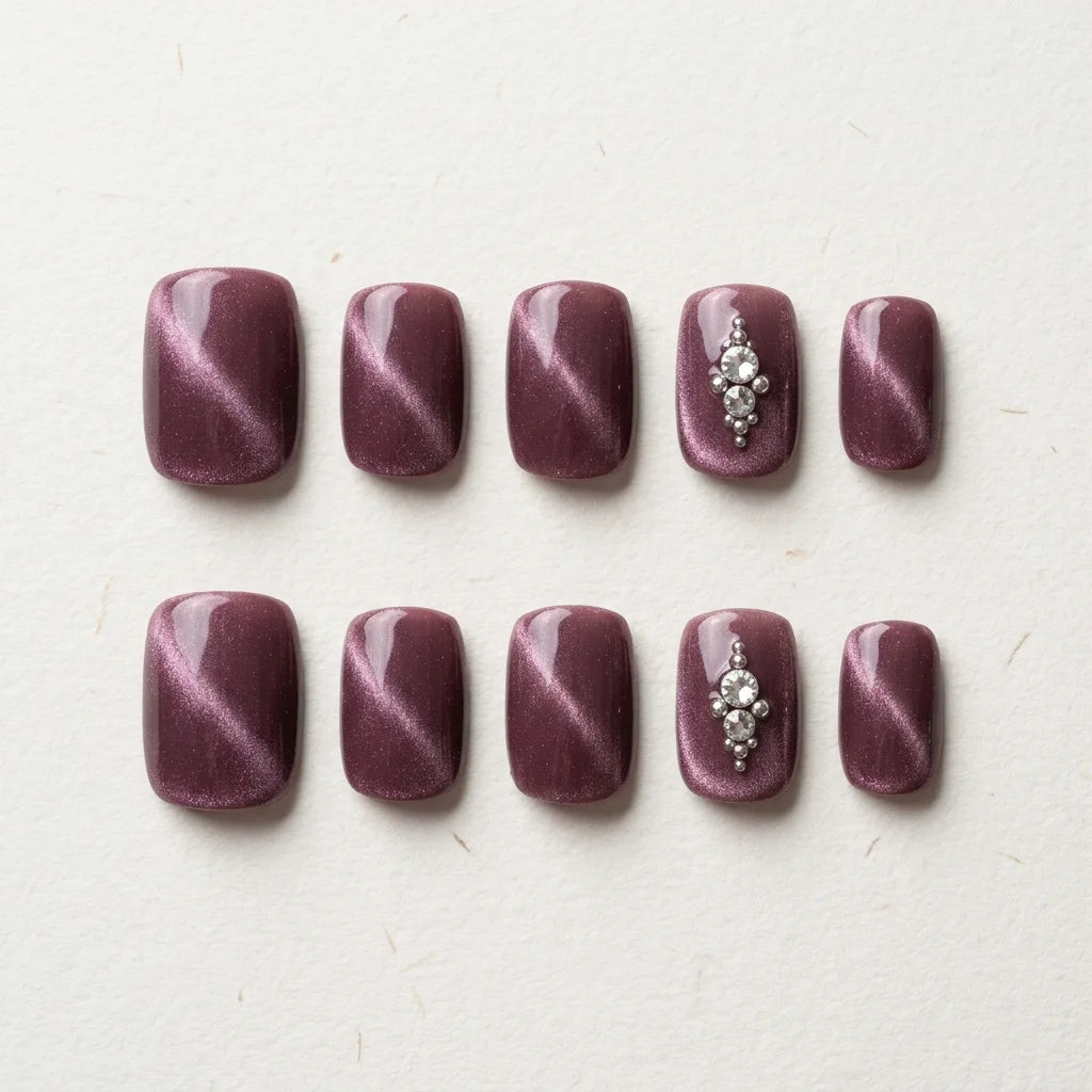 mauve plum cat eye square short press on nails rhinestone star lifestyle 03