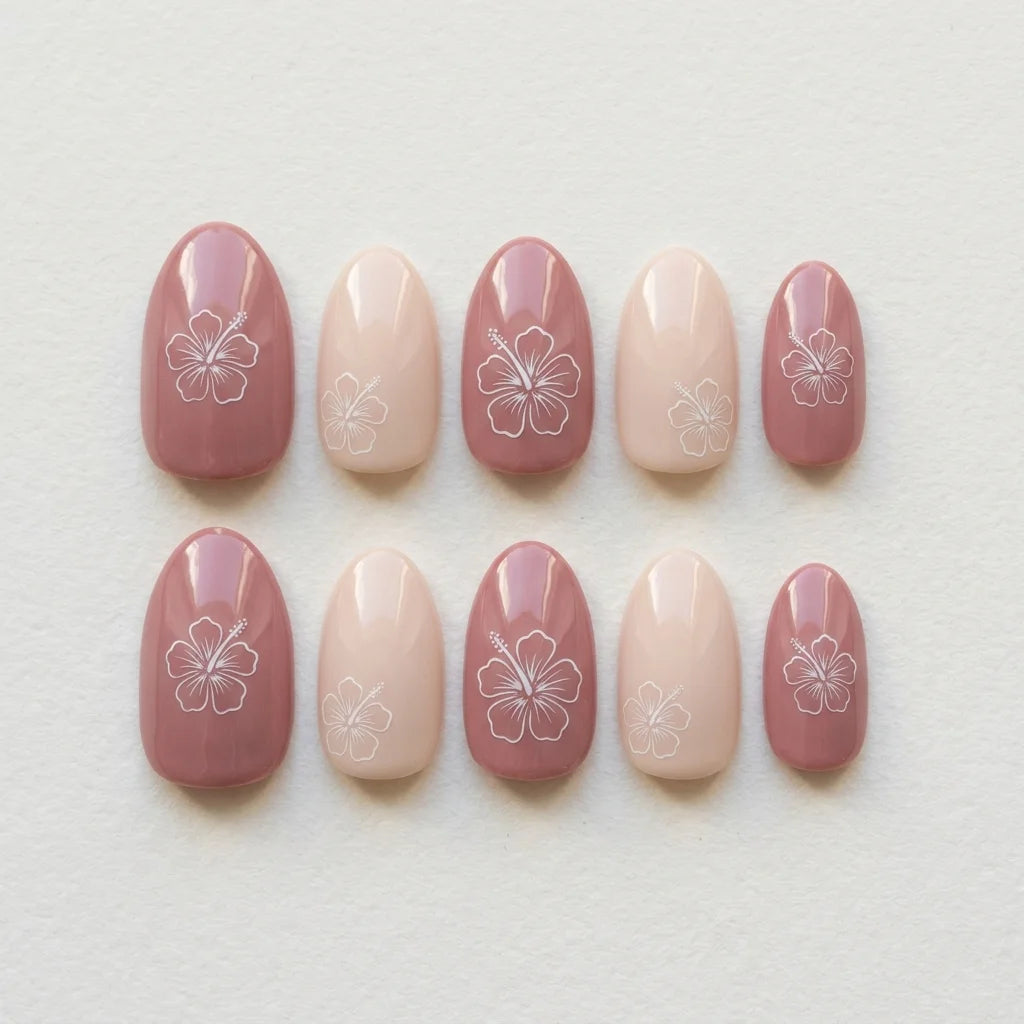 mauve plum hand painted almond long press on nails white hibiscus flat lay 01