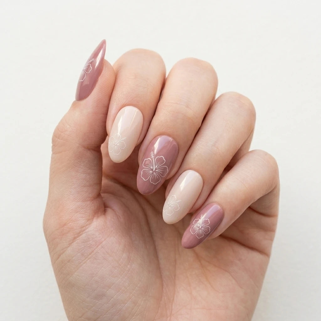 mauve plum hand painted almond long press on nails white hibiscus flat lay 02