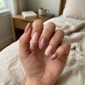 mauve plum hand painted almond long press on nails white hibiscus lifestyle 01