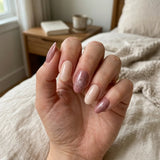 mauve plum hand painted almond long press on nails white hibiscus lifestyle 01