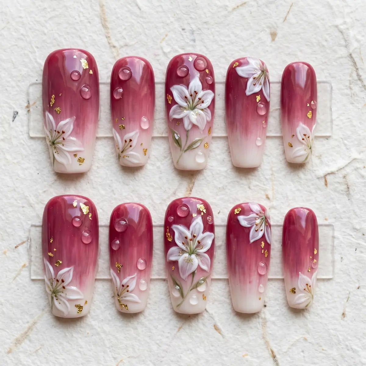 mauve rose 3d coffin long press on nails white lily dewdrop flat lay 01