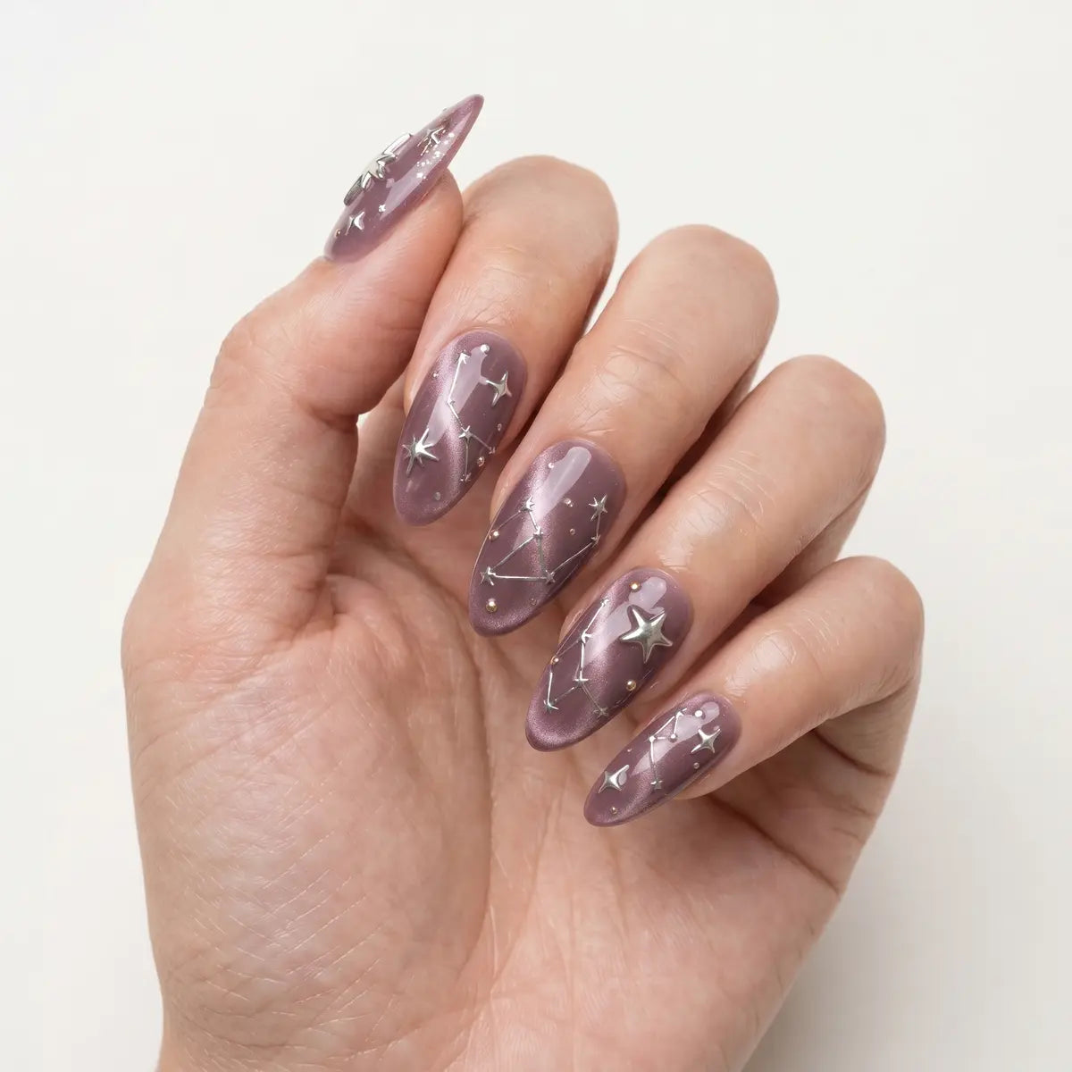 mauve silver gold 3d cat eye almond press on nails constellation celestial lifestyle 02