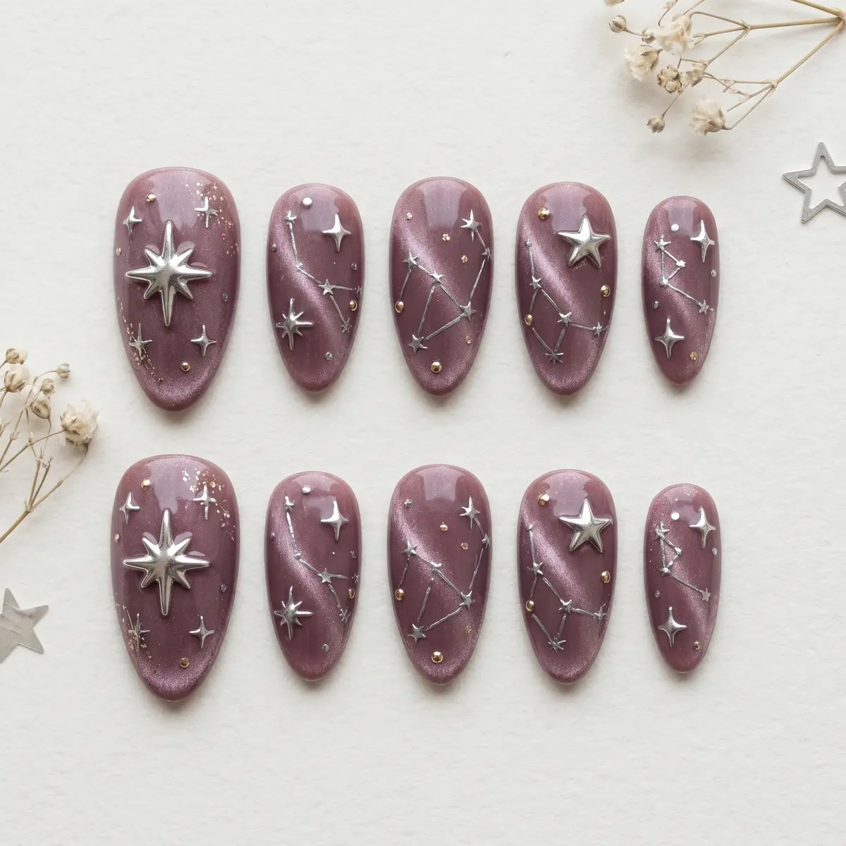 mauve silver gold 3d cat eye almond press on nails constellation celestial mockup 01