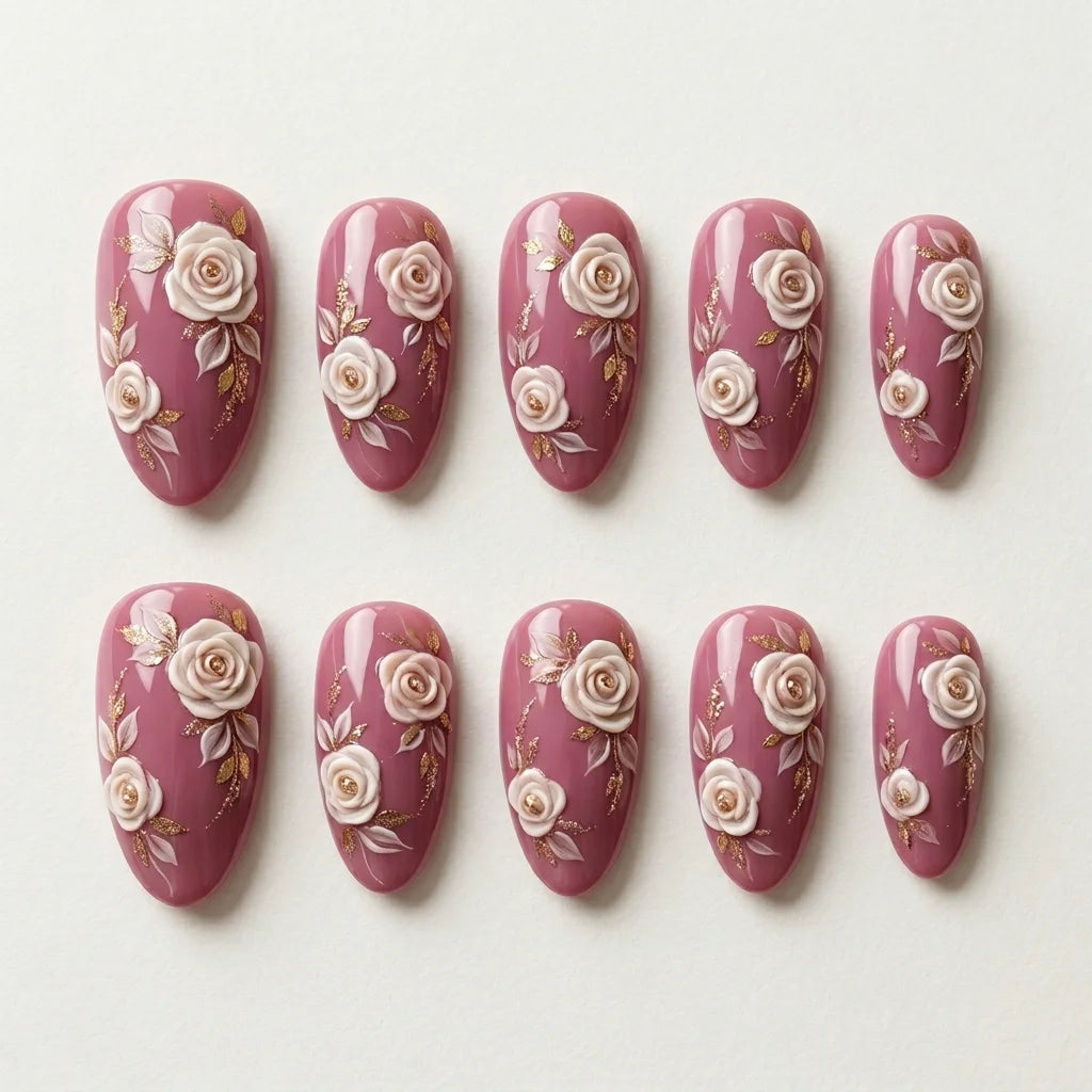 mauve white 3d almond press on nails rose flower leaf flat lay 01