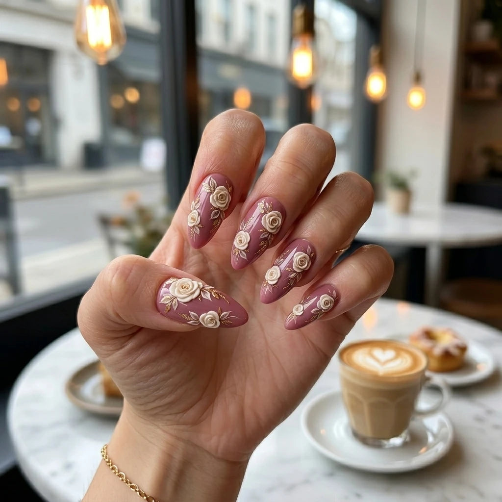 mauve white 3d almond press on nails rose flower leaf lifestyle 01
