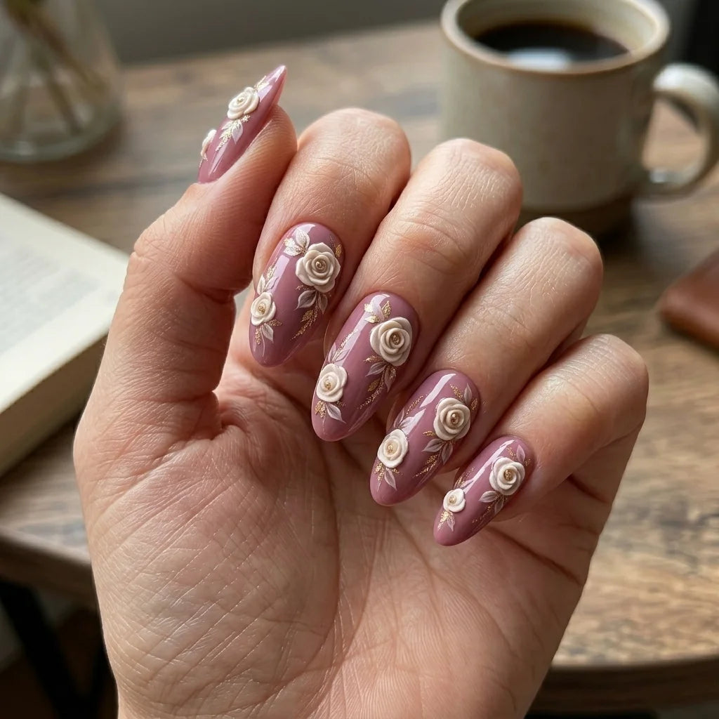 mauve white 3d almond press on nails rose flower leaf lifestyle 02