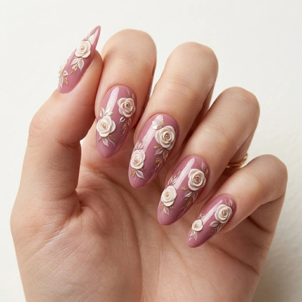 mauve white 3d almond press on nails rose flower leaf mockup 01