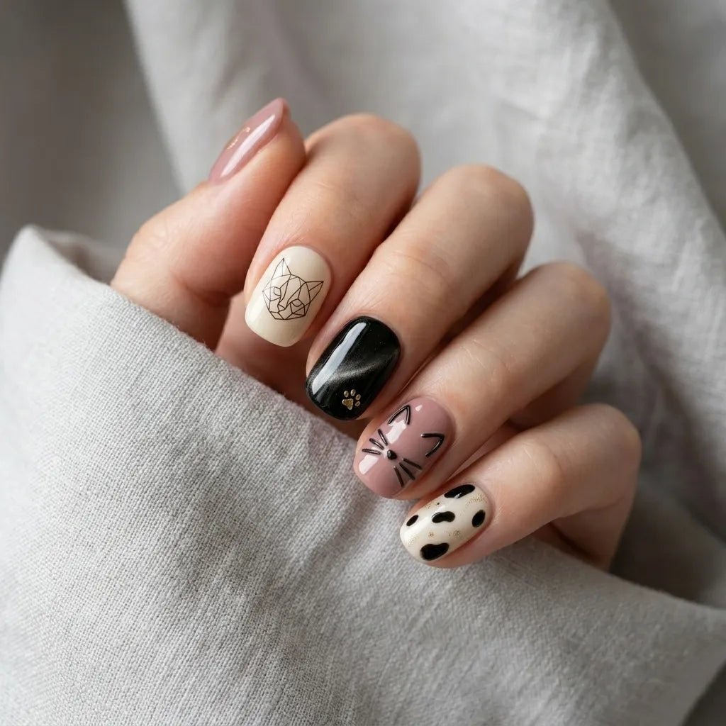 mauve white black 3d cat eye square short press on nails cat whisker detail 01