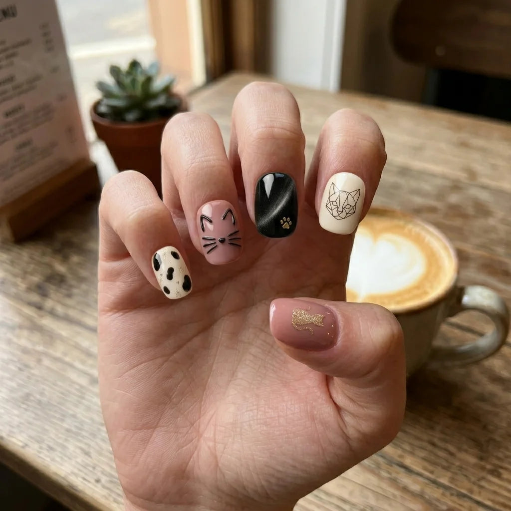 mauve white black 3d cat eye square short press on nails cat whisker flat lay 01