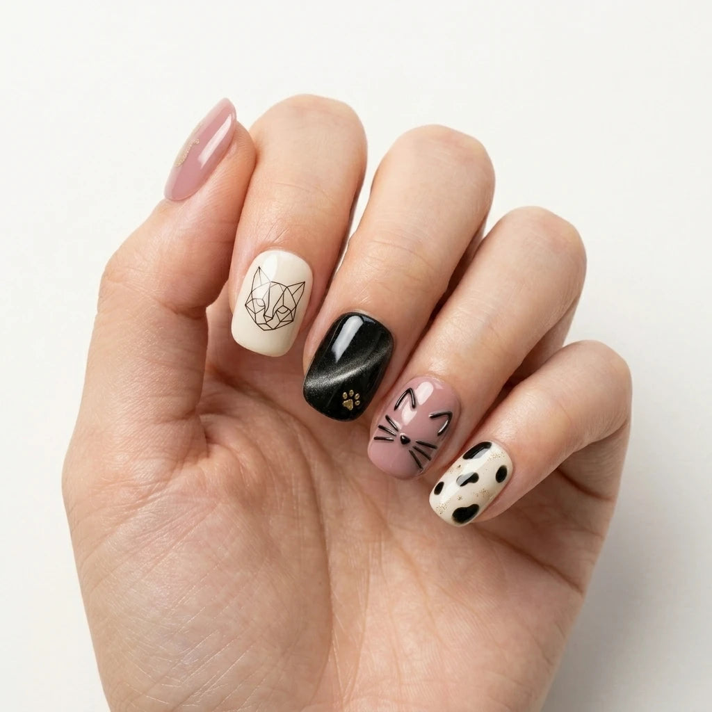 mauve white black 3d cat eye square short press on nails cat whisker lifestyle 01
