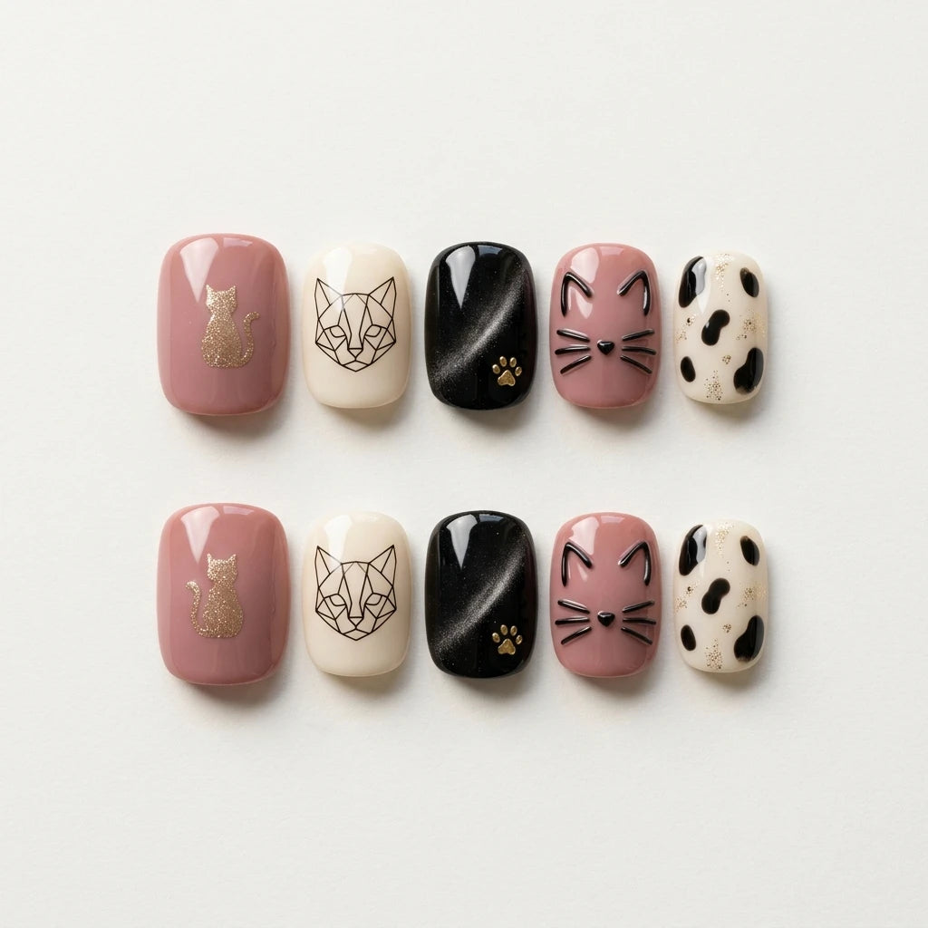 mauve white black 3d cat eye square short press on nails cat whisker mockup 01