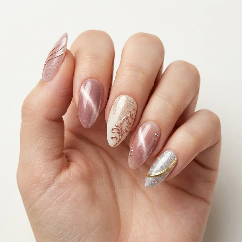 mauve white silver 3d cat eye almond press on nails floral vine gem glitter flat lay 01