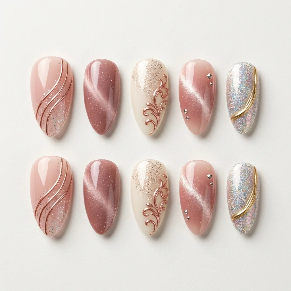 mauve white silver 3d cat eye almond press on nails floral vine gem glitter lifestyle 01