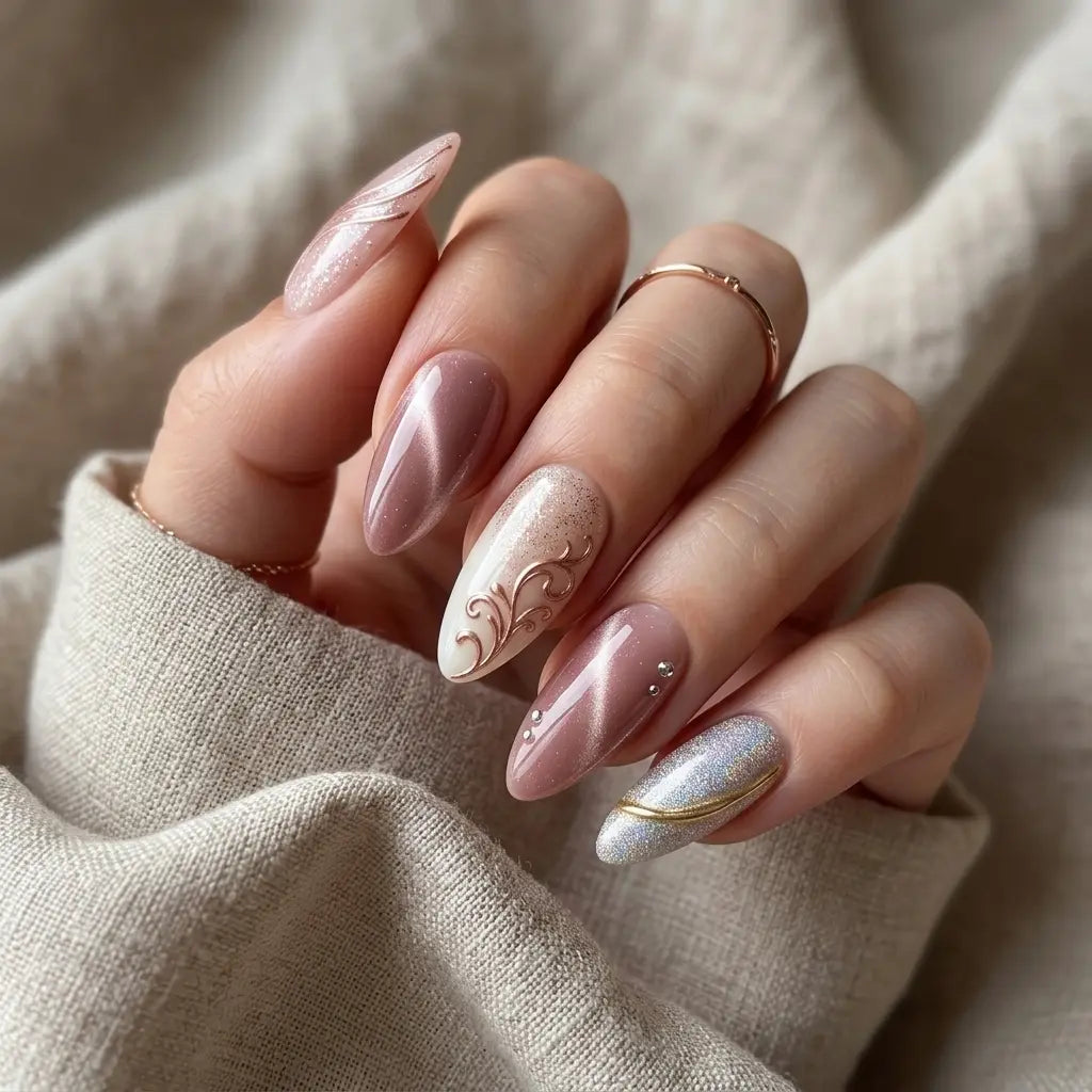 mauve white silver 3d cat eye almond press on nails floral vine gem glitter mockup 01