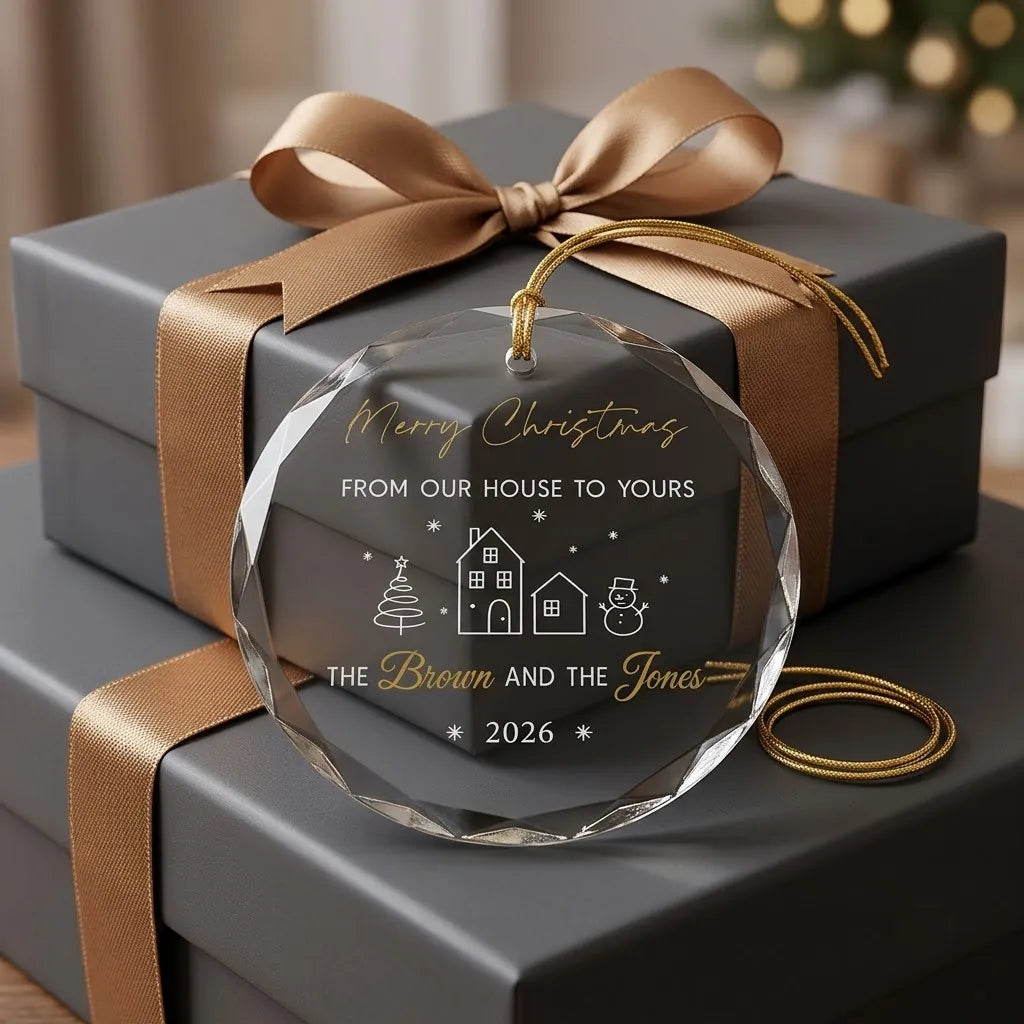 Personalized neighbor holiday glass ornament presented beside a wrapped holiday gift box on rustic wooden background