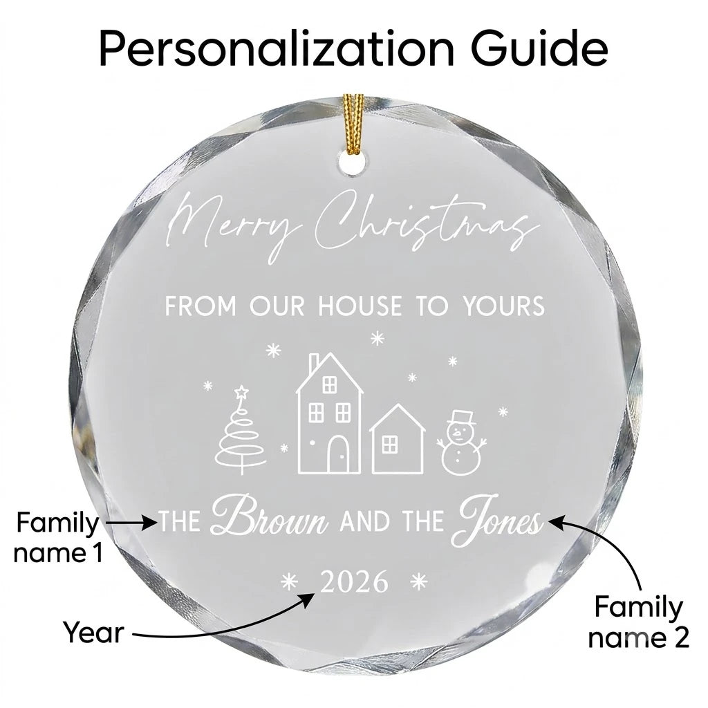 Personalization instruction card showing text input fields for custom names, dates and year on glass ornament