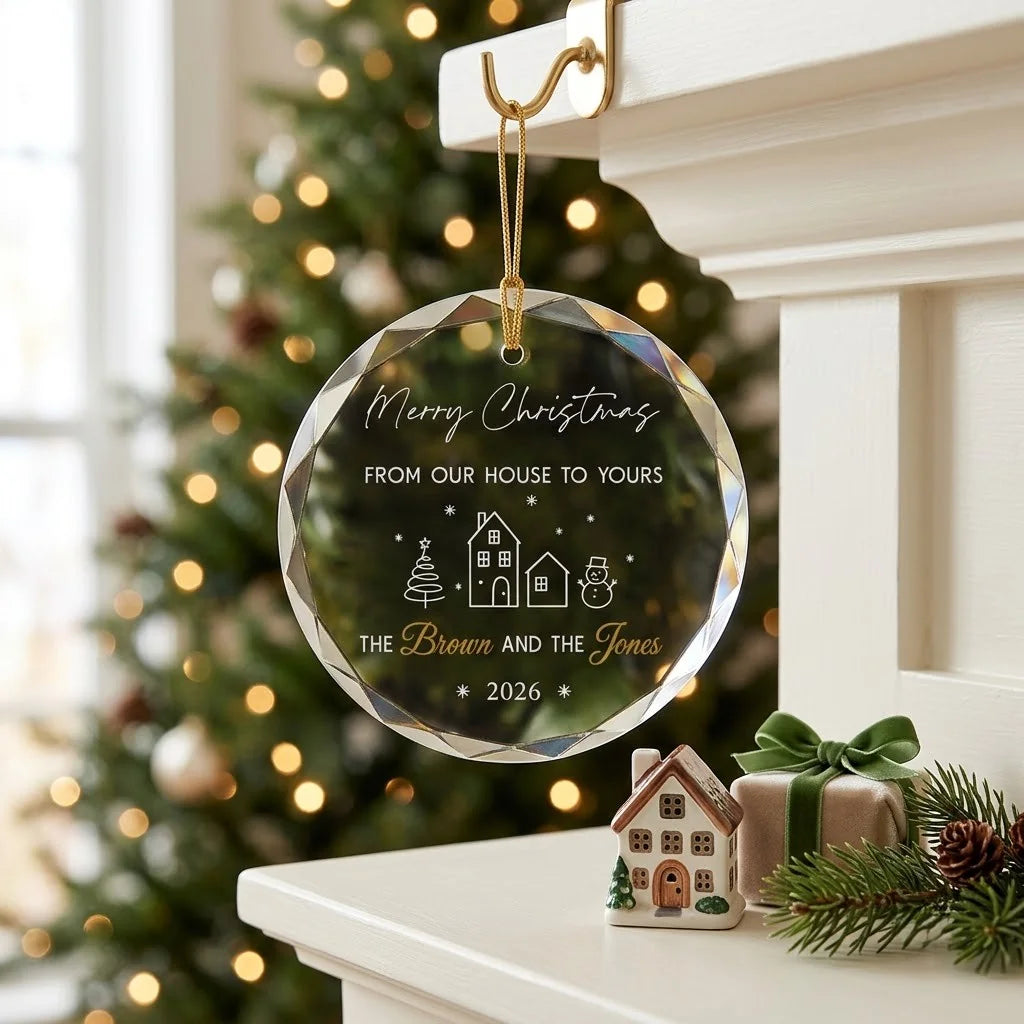 Cozy Christmas holiday scene displaying the custom transparent glass ornament hanging near mantel decor