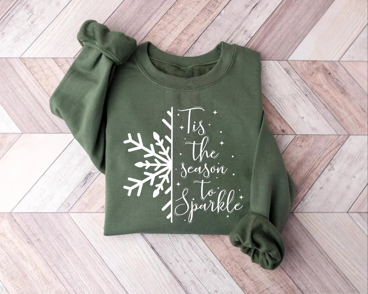 Tis the Season crewneck sweatshirt shown in Military Green.