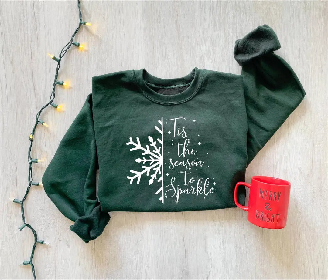 Tis the Season crewneck sweatshirt shown in Forest Green.