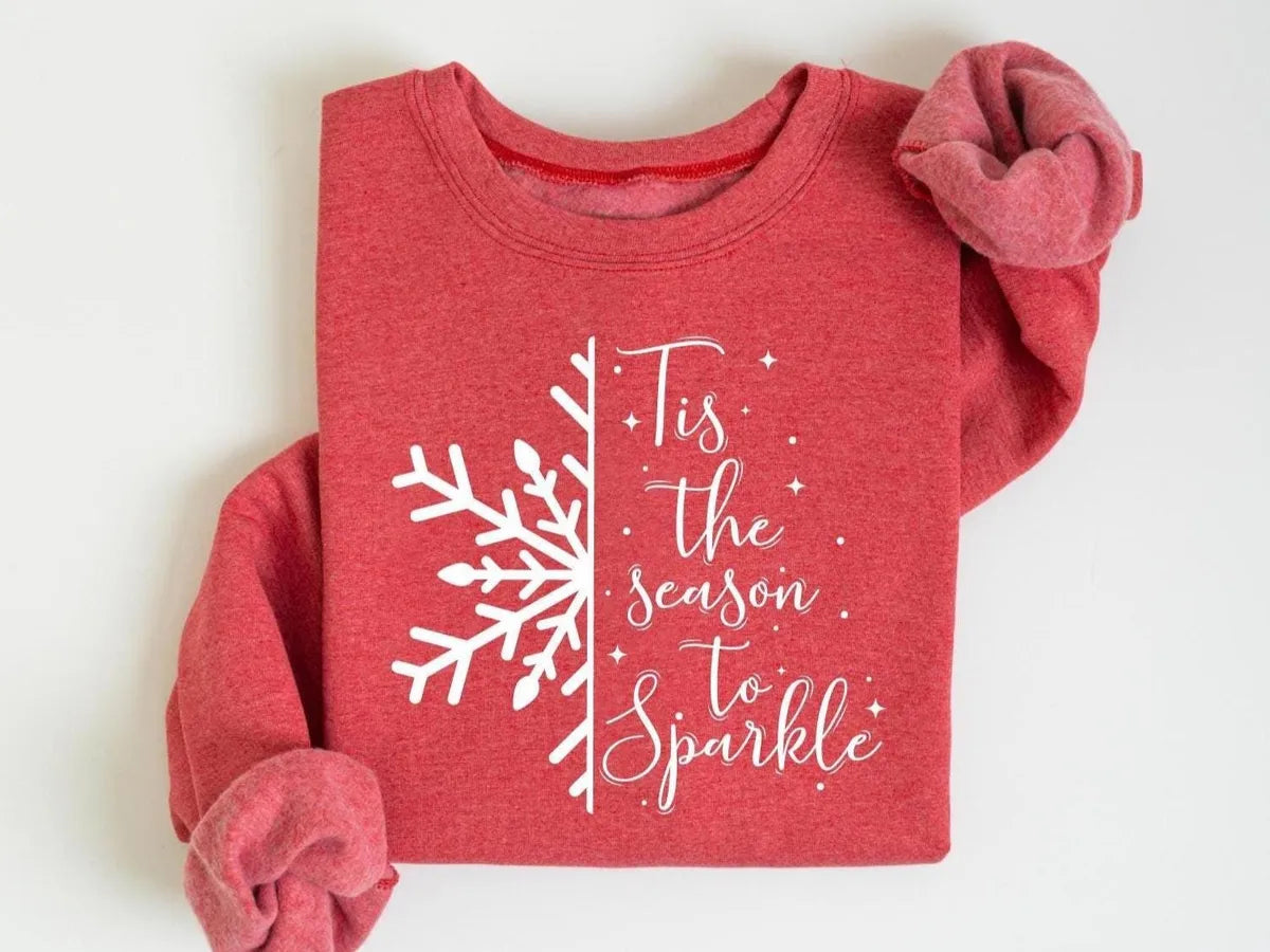 Tis the Season crewneck sweatshirt shown in Heather Red.