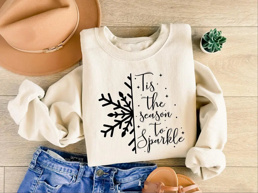 Merry Christmas Tree : T Is The Season Crewneck Sweatshirt shown on a model in Black.