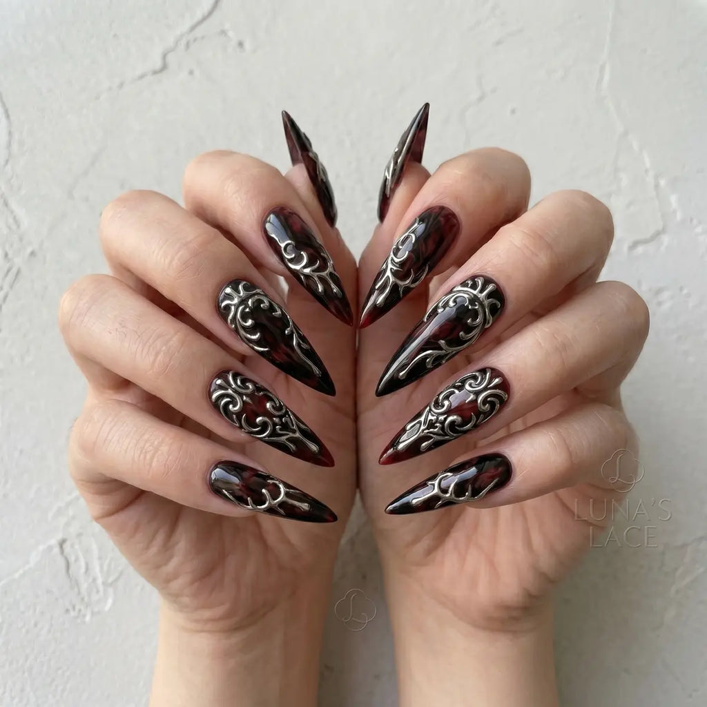 midnight plum 3d stiletto long press on nails silver drip lifestyle 01