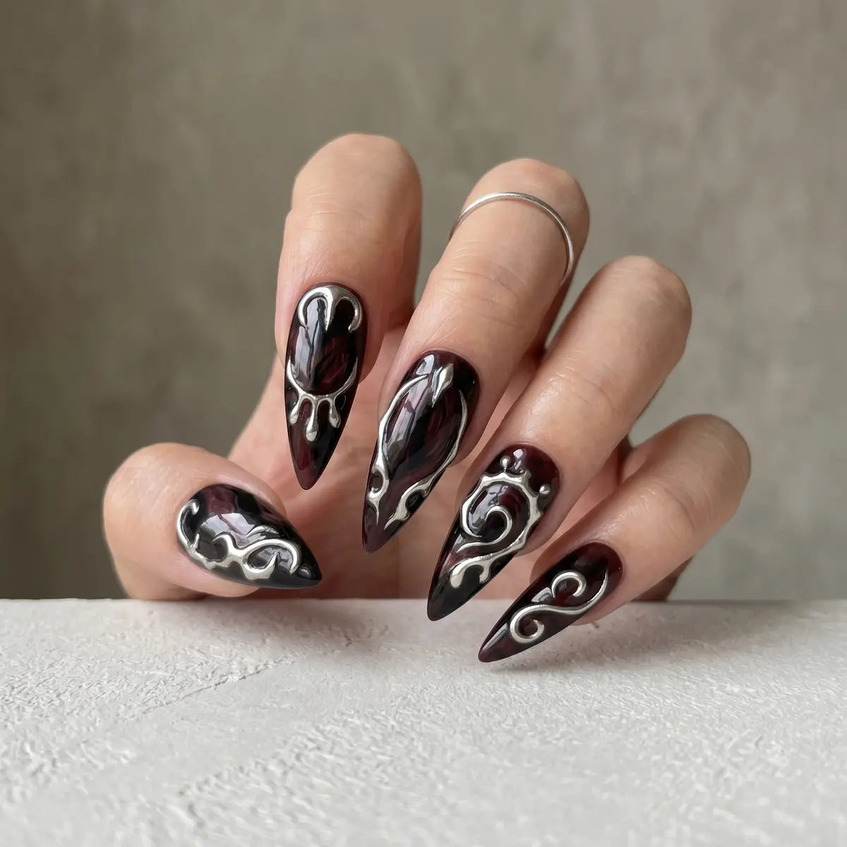 midnight plum 3d stiletto long press on nails silver scroll mockup 01