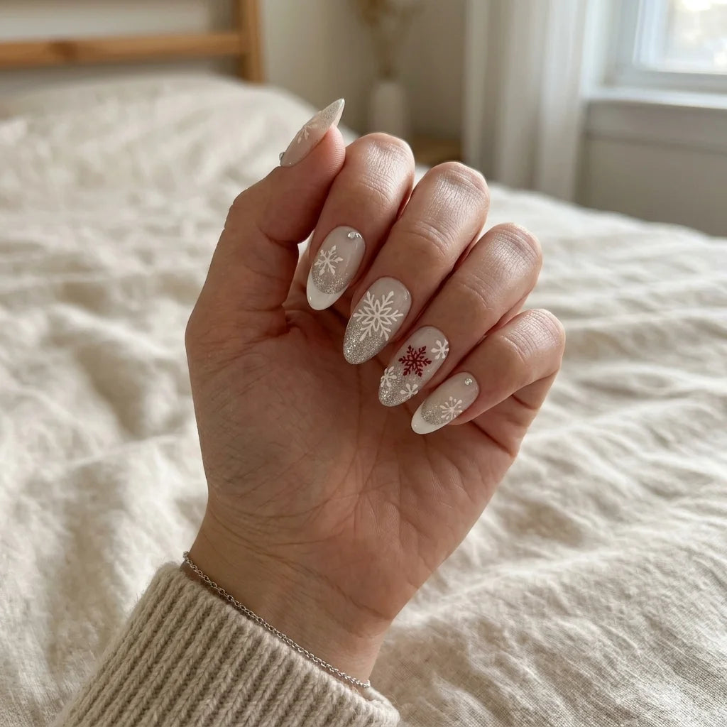 milky white 3d french tip almond press on nails winter snowflake glitter detail 03
