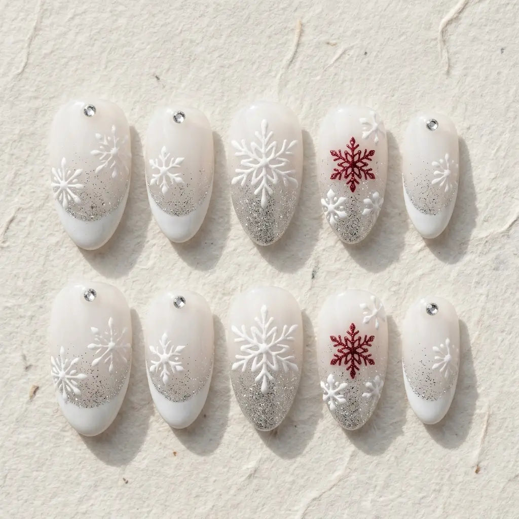 milky white 3d french tip almond press on nails winter snowflake glitter flat lay 04